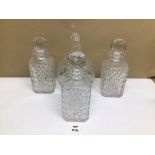 A QUANTITY OF MAINLY CUT GLASS DECANTERS