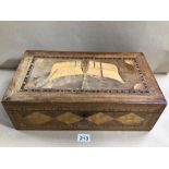 A LARGE INLAID WRITING BOX WITH SAILING SHIPS INLAID TO THE TOP, 44CM