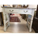 VICTORIAN TWO DRAWER TABLE, PAINTED CREAM WITH FORMICA TOP