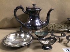 A BOX OF PLATEWARE, TEAPOT, STAND, SALTS AND MORE
