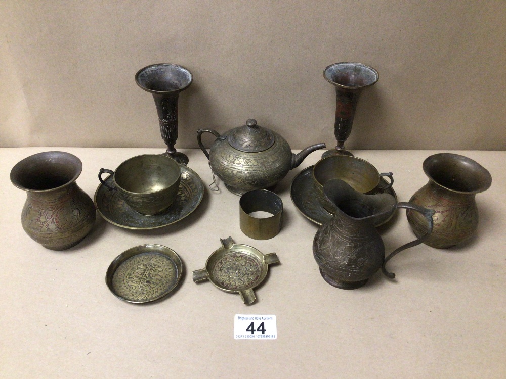 A MIXED QUANTITY OF INDIAN/MIDDLE EASTERN DECORATED BRASSWARE INCLUDES TEA POT