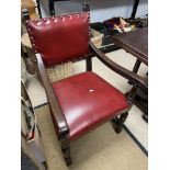 A SET OF TUDOR STYLE TABLE AND SIX RED LEATHER CHAIRS