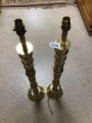 TWO VINTAGE HEAVY BRASS CANDLESTICK LAMPS, 82CM