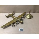 A LARGE HEAVY SOLID BRASS MODEL OF A LANCASTER BOMBER ON STAND, 2.7K WEIGHT