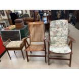 A PAIR OF TEAK (HARTMAN) FOLDING GARDEN LOUNGE CHAIRS WITH A PIANO STOOL