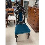 JACOBEAN/GOTHIC STYLE CARVED CHAIR WITH BLUE VELVET
