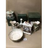 MIXED MASONS CHINA SOME WITH BOXES, CLOCK, JUG AND MORE