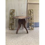 EASTERN INLAID HARDWOOD FOLDING OCCASIONAL TABLE WITH A PAIR OF GILT FRETWORK PANELS, 57 X 15CM