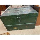 A LARGE PAINTED PINE METAL BOUND TRUNK