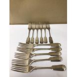 FIVE HALLMARKED SILVER TABLE FORKS & SIX HALLMARKED SILVER DESSERT FORKS, 683G