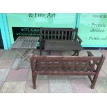 TWO WOODEN FOLDING GARDEN TABLES WITH TWO WOODEN BENCHES