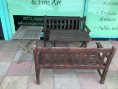 TWO WOODEN FOLDING GARDEN TABLES WITH TWO WOODEN BENCHES