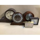 A QUANTITY OF VINTAGE MANTLE CLOCKS, OAK, BRASS AD BAKELITE CASED A/F