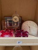 TWO RED ART GLASS BOWLS, ONE BEING LABELED MURANO. TOGETHER WITH THREE MANTEL CLOCKS, SMITHS AND