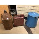 TWO VINTAGE PETROL / OIL CANS WITH A VINTAGE ENAMEL DOUGH BIN