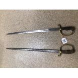 A PAIR OF REPLICA SWORDS 26.5CM STEEL BLADES, FRENCH BRIQUET STYLE WOODEN GRIPS WITH BRASS HILTS (