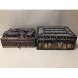 BOXED PORCUPINE QUILL BOX WITH EBONY, WITH AN EASTERN CARVED BOX