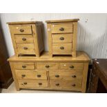 A SET OF THREE MODERN LIGHT OAK CHESTS TWO, THREE DRAWERS WITH A SEVEN DRAWER, ALL HAVE BRASS