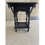 SMALL HEAVILY CARVED MIDDLE EASTERN TWO TIER TABLE, 68 X 61CM