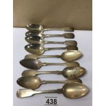 NINE HALLMARKED SILVER DESSERT SPOONS, 401G