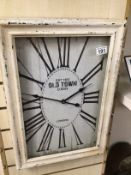 A REPRODUCTION WOODEN CASED WALL CLOCK OLD TOWN LONDON, 58CM