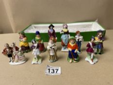 ELEVEN MIXED MINIATURE PORCELAIN FIGURINES, SOME STAMPED ‘JAPAN’, LARGEST BEING 19CM
