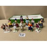 ELEVEN MIXED MINIATURE PORCELAIN FIGURINES, SOME STAMPED ‘JAPAN’, LARGEST BEING 19CM