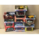 A MIXED COLLECTION OF DIE-CAST MODEL CARS IN BOXES, INCLUDES DINKY, MATCHBOX, AND MORE