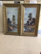 TWO LARGE OILS ON BOARD (UNSIGNED) OF A RIVER BANK SCENE, FRAMED AND GLAZED, 57 X 103CM