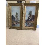 TWO LARGE OILS ON BOARD (UNSIGNED) OF A RIVER BANK SCENE, FRAMED AND GLAZED, 57 X 103CM