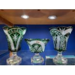 THREE LARGE EMERALD GREEN CUT GLASS ITEMS TWO VASES AND ONE BOWL, 30 X 20
