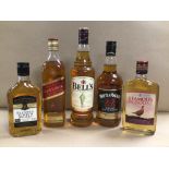 WHISKY FIVE BOTTLES, FAMOUS GROUSE 350ML, RED LABEL 70CL, WHYTE AND MACKAY 70CL, BELLS 70CL AND