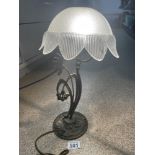 A VINTAGE BRASS AND GLASS SIDE LAMP, 42CM