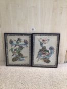 TWO FRAMED AND GLAZED PAINTINGS ON MATERIAL OF EASTERN GIRLS, 30 X 50CM