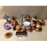 MAINLY CARVED WOODEN ITEMS, TOADSTOOLS, AND MORE WITH THREE GLASS PAPERWEIGHTS