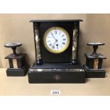 BLACK SLATE CLOCK WITH GARNITURES, ROMAN NUMERALS DIAL A/F, 28CM