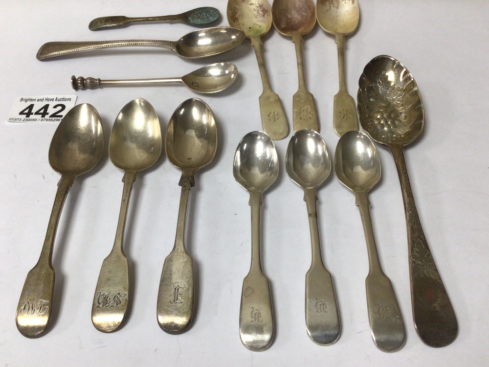 TWELVE VARIOUS HALLMARKED SILVER SPOONS & ONE PLATED EXAMPLE, 300G - Image 2 of 7