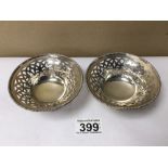 A PAIR OF HALLMARKED SILVER CIRCULAR PIERCED BON BON DISHES WITH BEADED BORDERS, 10CM, 112G