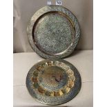 TWO EASTERN BRASS WALL CHARGERS / TRAYS WITH DECORATIVE INLAY, LARGEST BEING 41CM IN DIAMETER