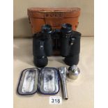 A PAIR OF REGENT 10 X 50 CASED BINOCULARS WITH A GAMEKEEPERS WHISTLE AND MORE