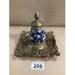 ORNATE BRASS AND CERAMIC INKWELL, 14CM