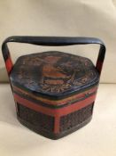 A WOOD AND CANE HEXAGON SHAPED CHINESE LUNCH BOX 32 X 30CM GILT DECORATION TO THE TOP