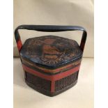 A WOOD AND CANE HEXAGON SHAPED CHINESE LUNCH BOX 32 X 30CM GILT DECORATION TO THE TOP