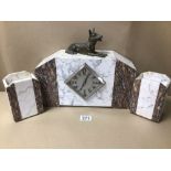 AN ART DECO MARBLE FRENCH CLOCK WITH ORIGINAL GARNITURES DECORATED WITH A CAST DOG TO THE TOP