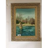 KELLY SWANSTON OIL ON BOARD (GENTLEMAN FISHING)FRAMED, KELLY WAS A FORMER WINNER OF THE ISLE OF