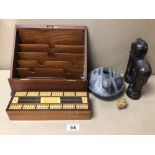 A MIXED COLLECTION OF FIGURES AND A STATIONERY BOX WITH A CRIBBAGE BOARD