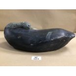 A WOODEN DECOY DUCK SLEEPING 38 X 13CM