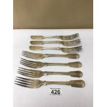 SEVEN HALLMARKED SILVER TABLE FORKS, 549G