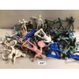 BOX OF LARGE PLASTIC SOLDIERS APPROX 35 BY MARX AND MORE, GERMAN JAPANESE, BRITISH