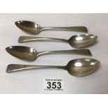 A SET OF FOUR GEORGE III HALLMARKED SILVER DESSERT SPOONS, PETER & WILLIAM BATEMAN, 153G